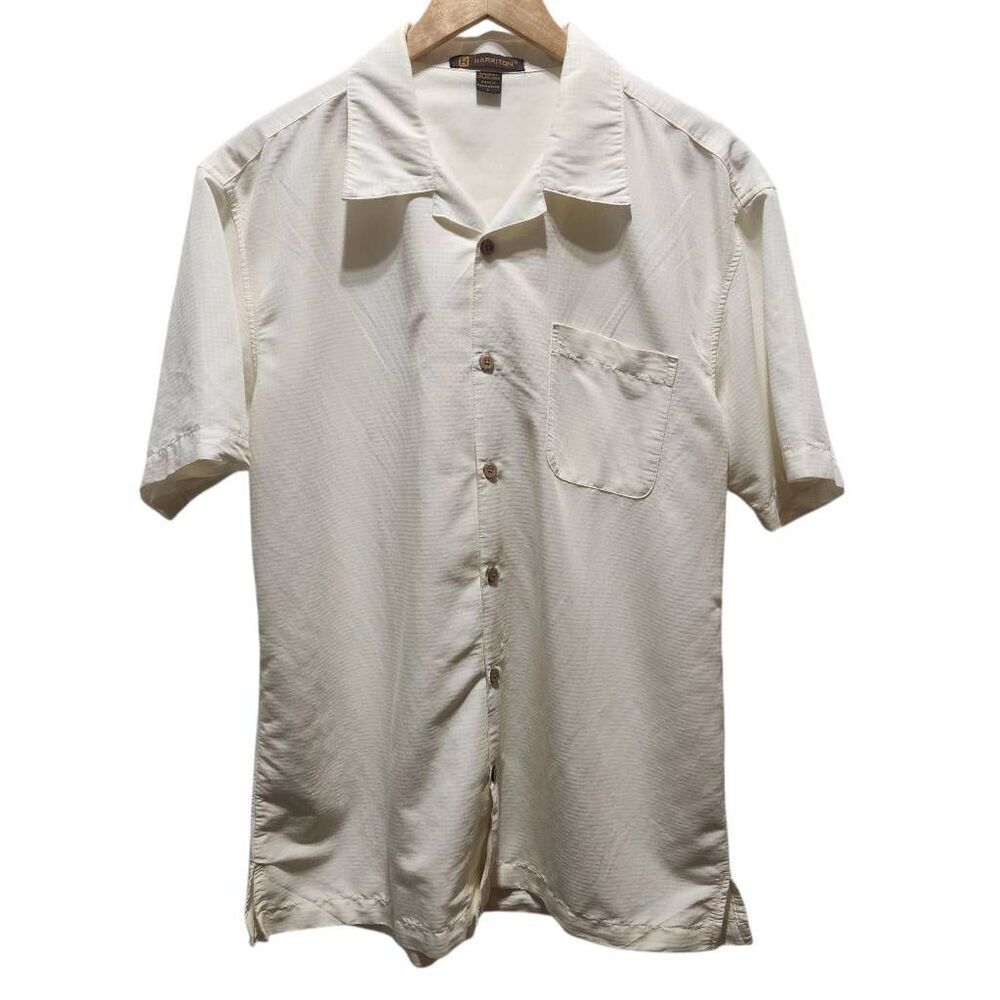 Harriton‎ men's casual button front short sleeve shirt cream waffle rayon large